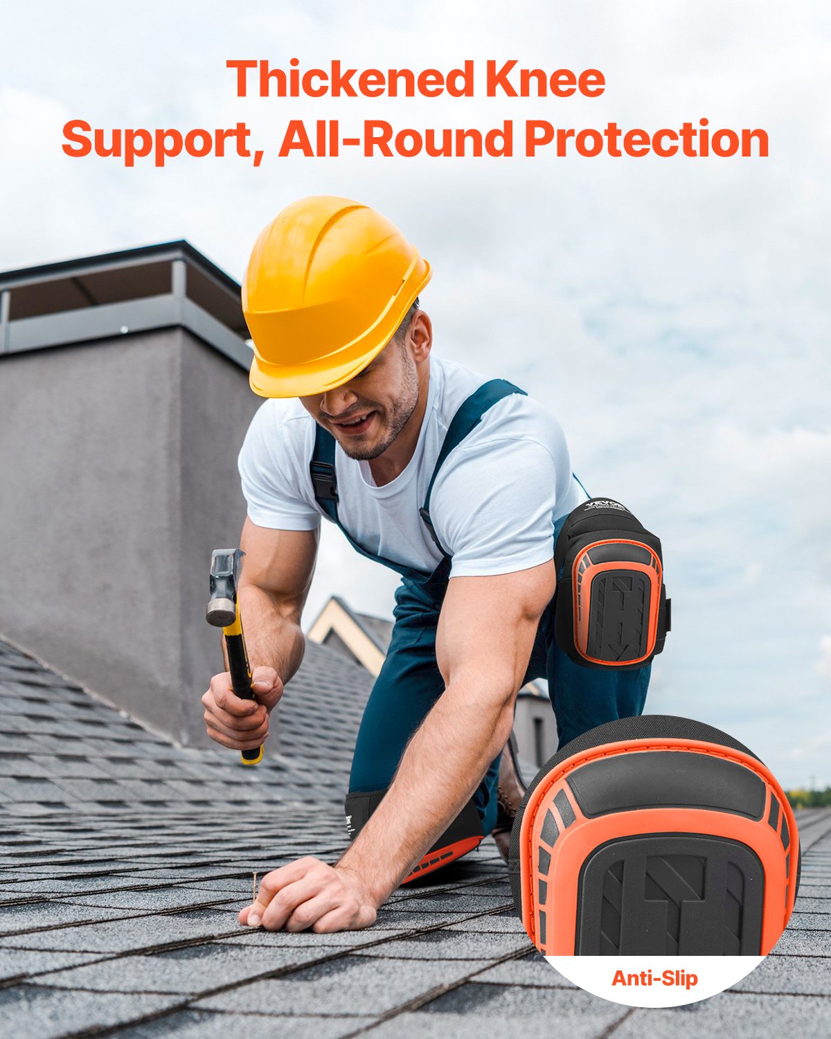 VEVOR Rodilleras para Trabajo Rodilleras de Construcción Extendidas con 2 Correas de Extensión Rodilleras de Gel de Espuma Antideslizantes para Jardinería, Pisos, Techos, Limpieza, Negro y Naranja