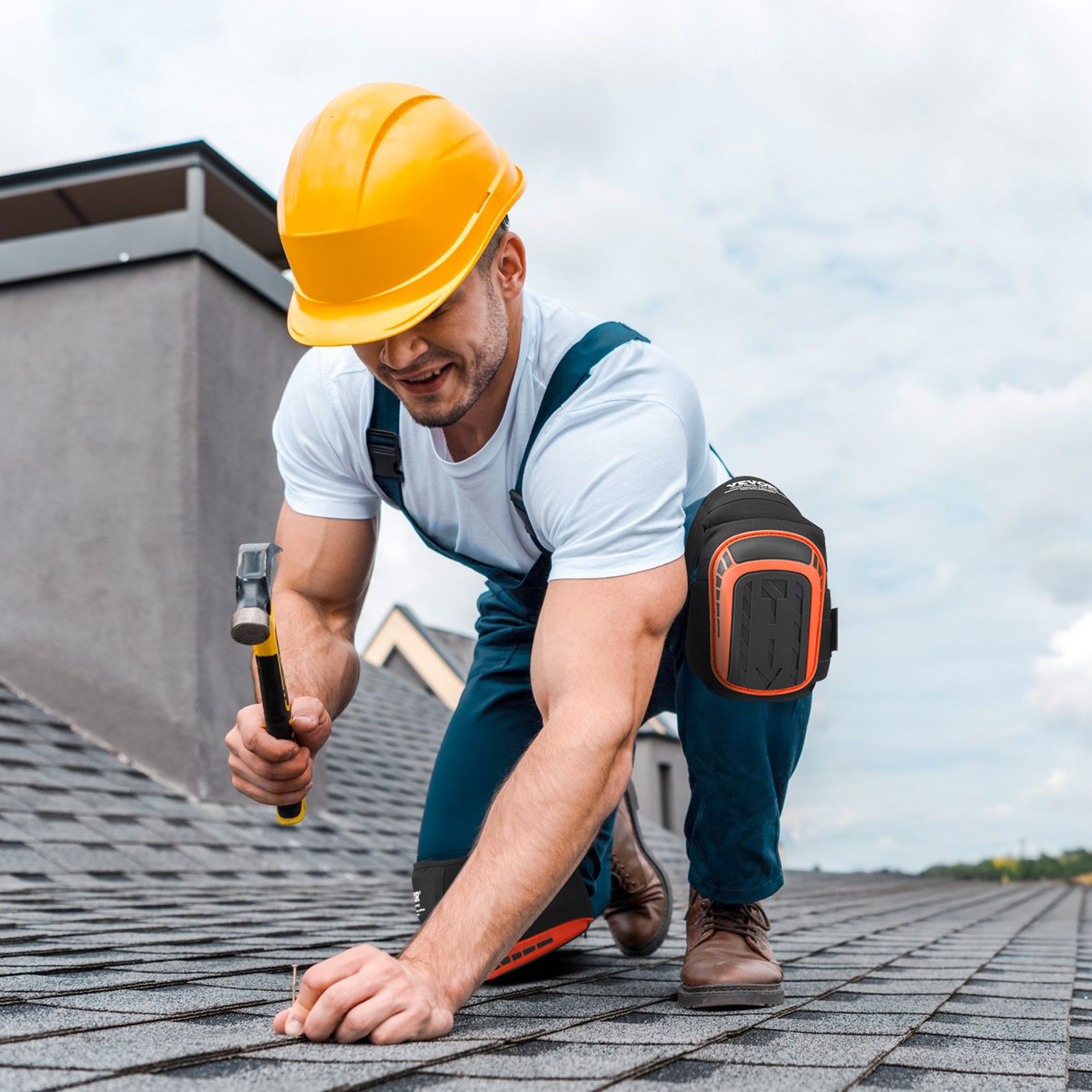 VEVOR Rodilleras para Trabajo Rodilleras de Construcción Extendidas con 2 Correas de Extensión Rodilleras de Gel de Espuma Antideslizantes para Jardinería, Pisos, Techos, Limpieza, Negro y Naranja