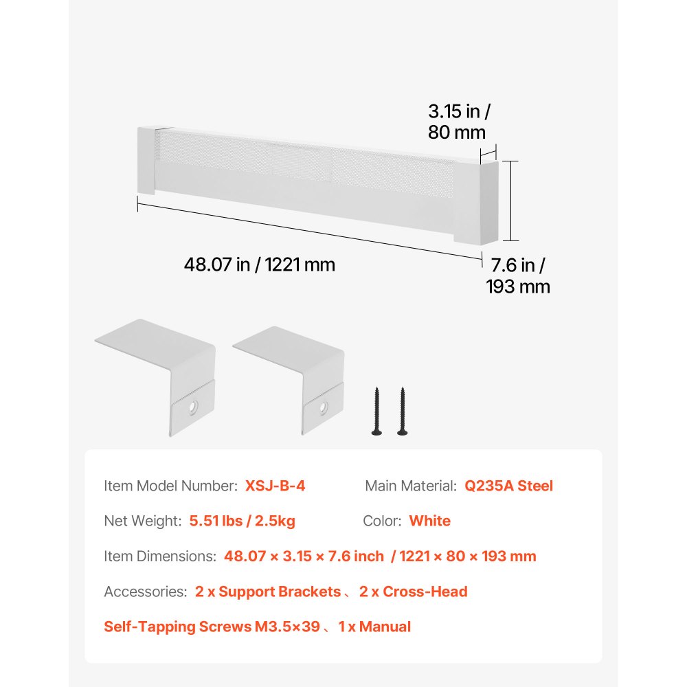 VEVOR Cubierta Frontal Estándar para Zócalo de Radiadores Eléctricos, Serie Básica, 1221 x 80 x 193 mm, Cubierta de Repuesto de Acero Resistente, Agujero Medio Abierto, para Dormitorio, Blanco