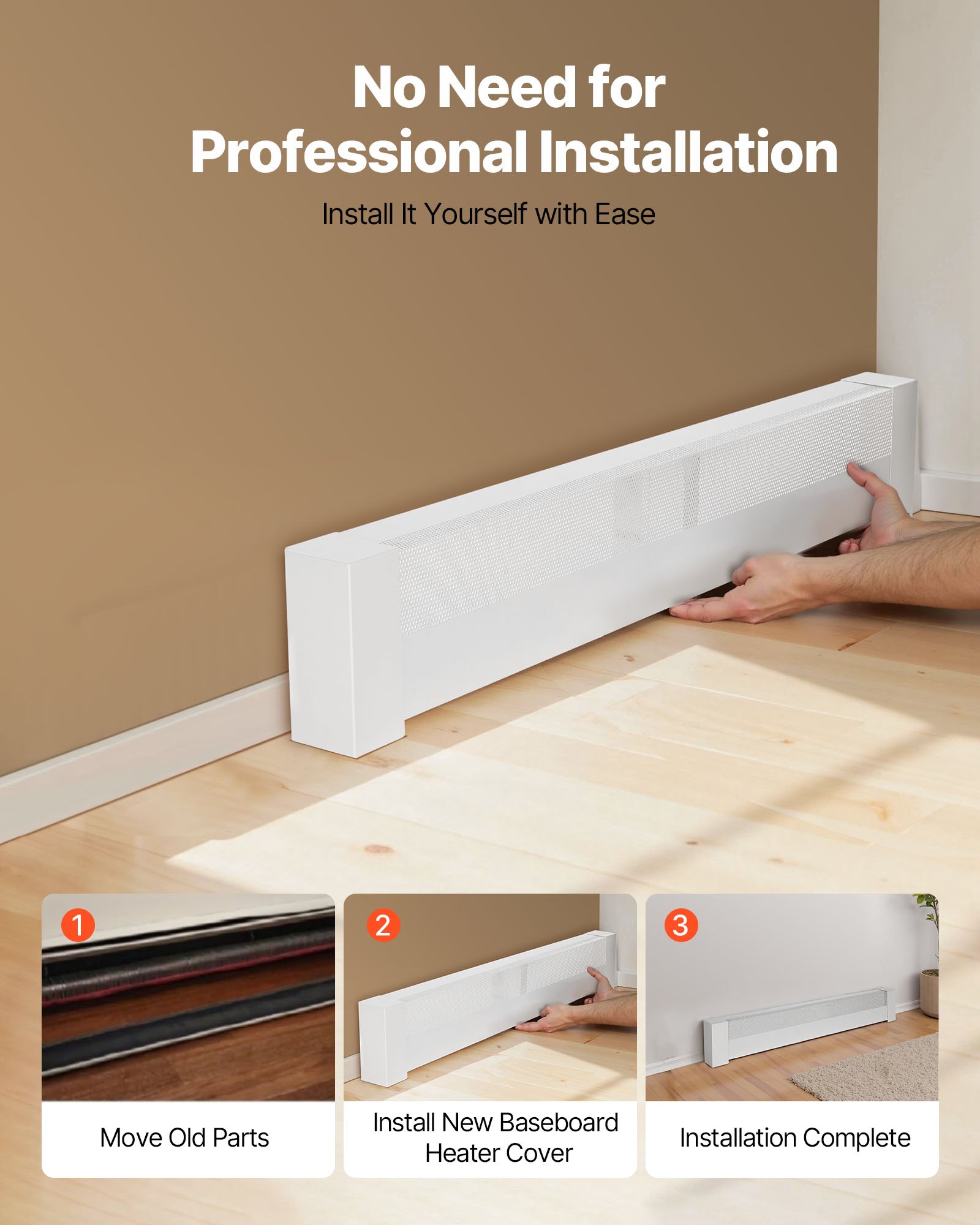 VEVOR Cubierta Frontal Estándar para Zócalo de Radiadores Eléctricos, Serie Básica, 1221 x 80 x 193 mm, Cubierta de Repuesto de Acero Resistente, Agujero Medio Abierto, para Dormitorio, Blanco