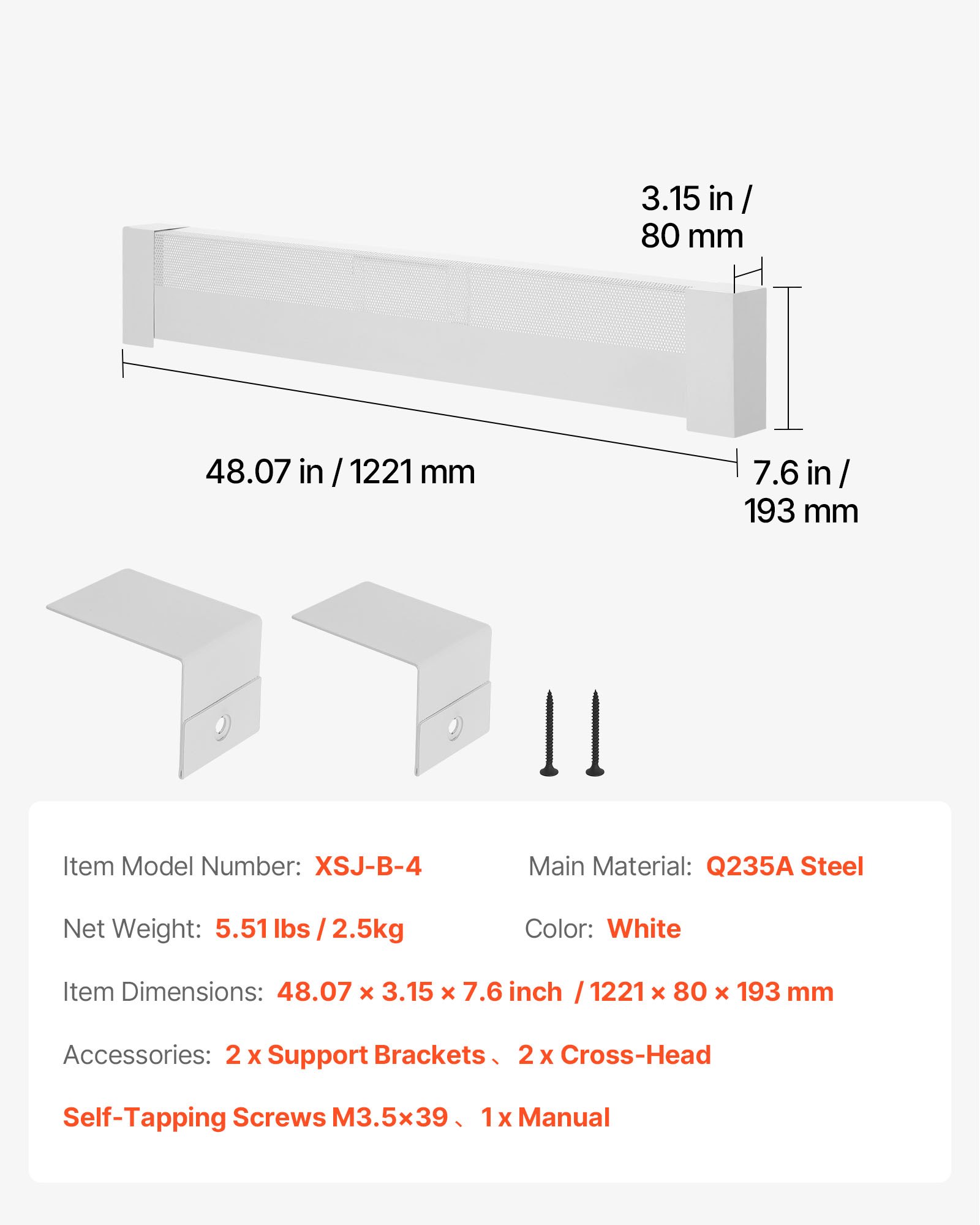 VEVOR Cubierta Frontal Estándar para Zócalo de Radiadores Eléctricos, Serie Básica, 1221 x 80 x 193 mm, Cubierta de Repuesto de Acero Resistente, Agujero Medio Abierto, para Dormitorio, Blanco