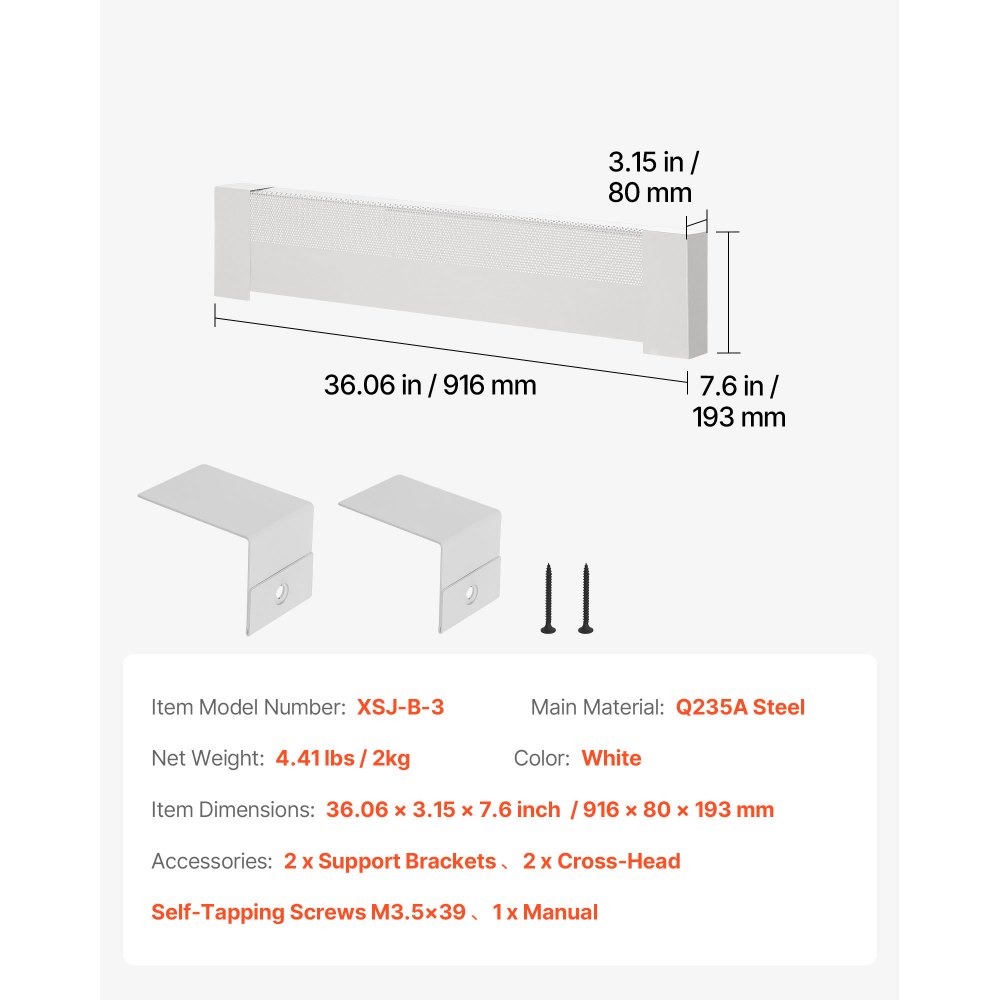VEVOR Cubierta Frontal Estándar de Radiadores Eléctricos para Zócalo, Serie Básica, 916 x 80 x 193 mm, Cubierta de Repuesto de Acero Resistente, para Dormitorio, Blanco, Agujero Medio Abierto