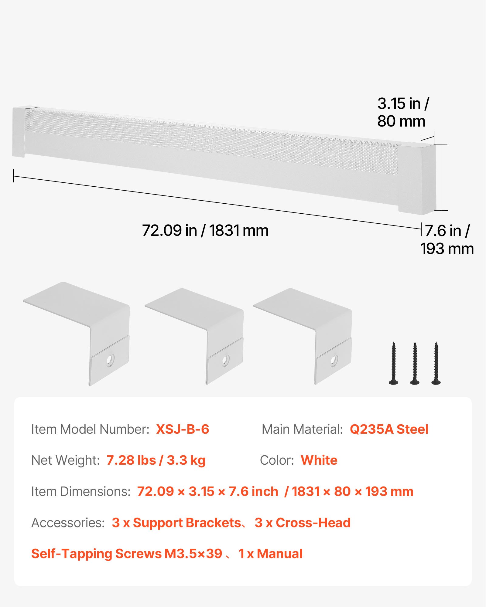 VEVOR Cubierta Frontal Estándar de Radiadores Eléctricos para Zócalo, Serie Básica, 1831 x 80 x 193 mm, Cubierta de Repuesto de Acero Resistente, para Dormitorio, Agujero Medio Abierto, Blanco