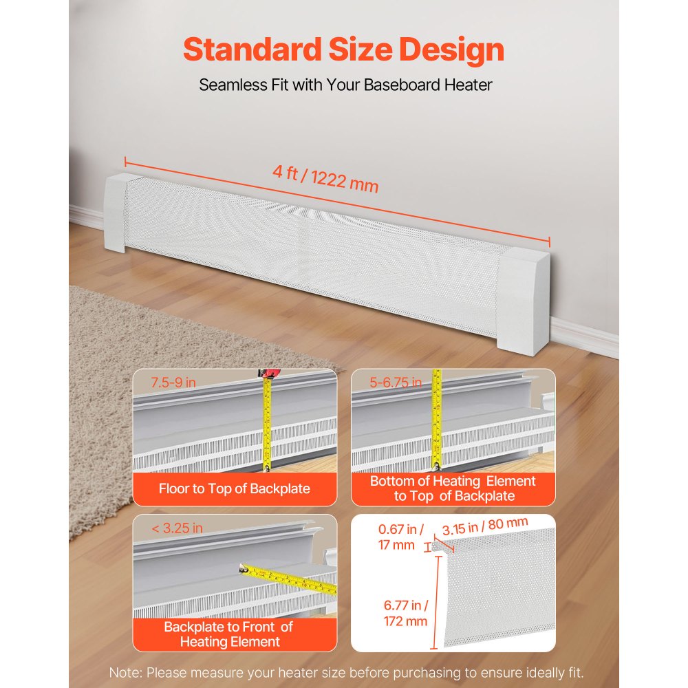 VEVOR Cubierta Frontal Estándar de Radiadores Eléctricos a Zócalo, Serie Premium, 1222 x 81 x 193 mm, Cubierta de Repuesto Acero Resistente, Agujero Completamente Abierto, a Dormitorio, Blanco