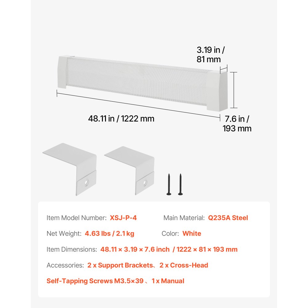 VEVOR Cubierta Frontal Estándar de Radiadores Eléctricos a Zócalo, Serie Premium, 1222 x 81 x 193 mm, Cubierta de Repuesto Acero Resistente, Agujero Completamente Abierto, a Dormitorio, Blanco