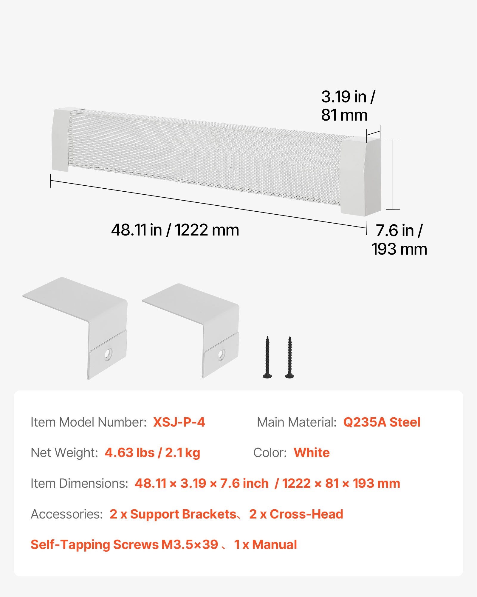 VEVOR Cubierta Frontal Estándar de Radiadores Eléctricos a Zócalo, Serie Premium, 1222 x 81 x 193 mm, Cubierta de Repuesto Acero Resistente, Agujero Completamente Abierto, a Dormitorio, Blanco