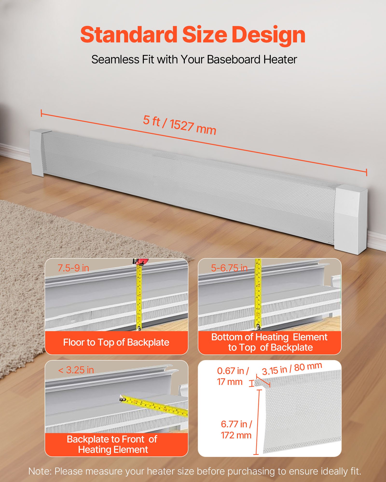 VEVOR Funda para Calefactor de Zócalo Estándar, Ventilación y Calefacción Eficientes, Resistente al Desgaste, Funda de Repuesto de Acero para Dormitorio, Gama Premium, Blanco, 1527 x 81 x 193 mm