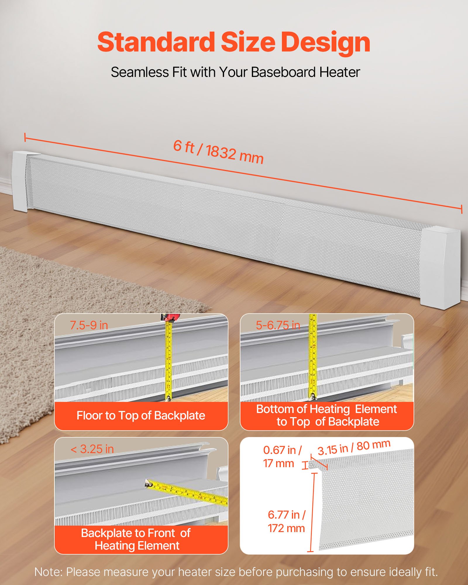 VEVOR Cubierta Frontal Estándar de Radiadores Eléctricos a Zócalo, Serie Premium, 1832 x 81 x 193 mm, Cubierta de Repuesto de Acero Resistente, Dormitorio, Blanco, Agujero Completamente Abierto