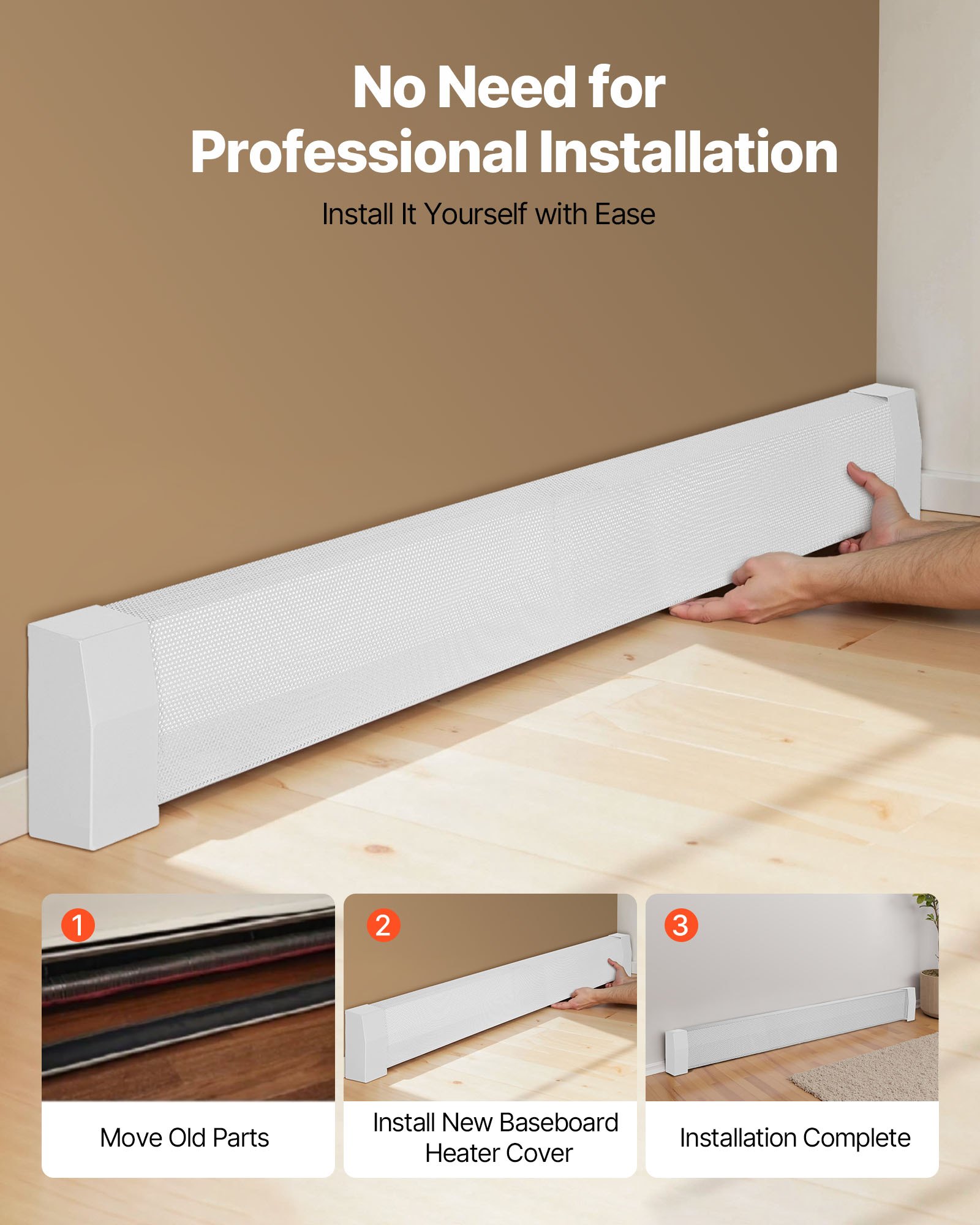 VEVOR Cubierta Frontal Estándar de Radiadores Eléctricos a Zócalo, Serie Premium, 1832 x 81 x 193 mm, Cubierta de Repuesto de Acero Resistente, Dormitorio, Blanco, Agujero Completamente Abierto