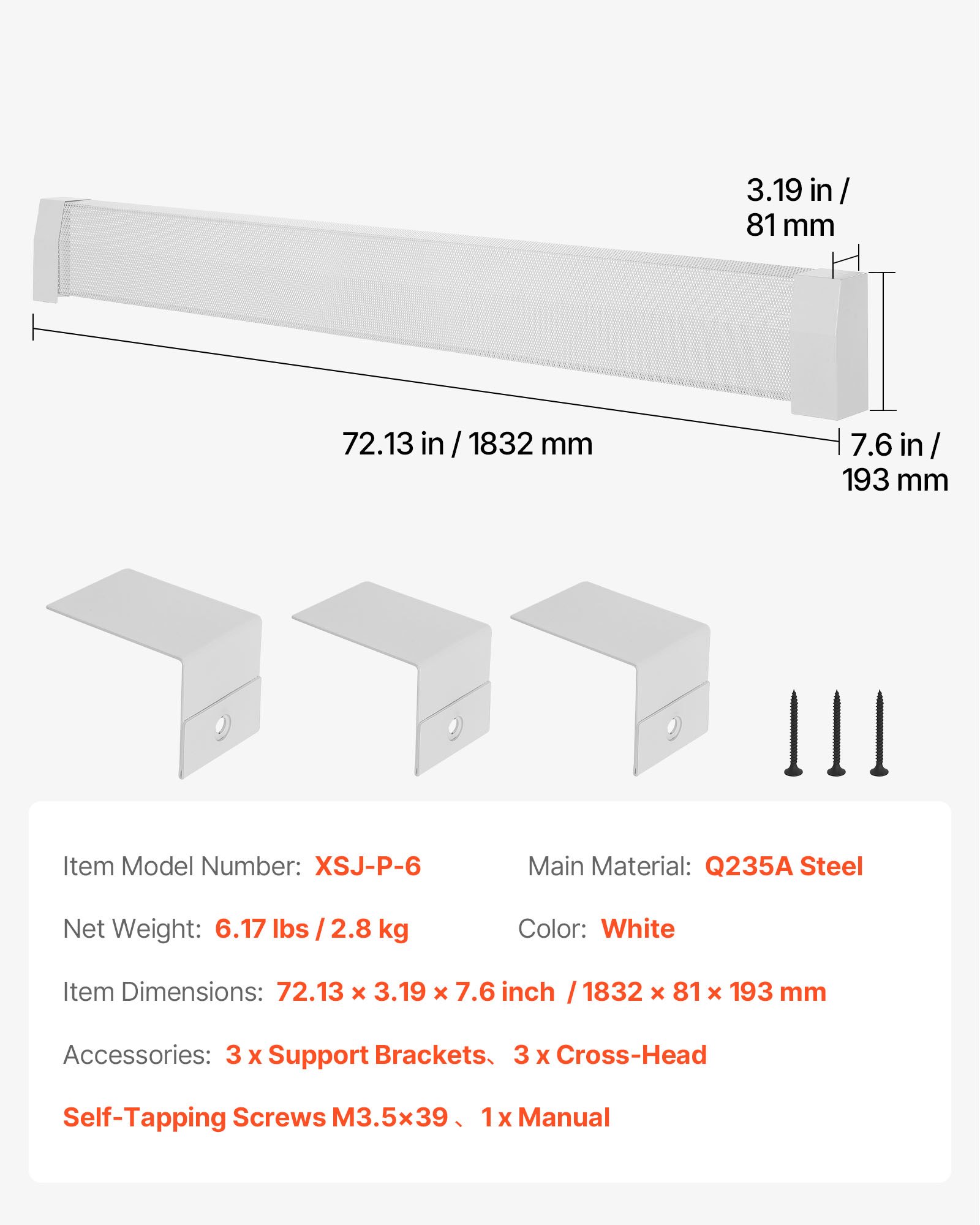 VEVOR Cubierta Frontal Estándar de Radiadores Eléctricos a Zócalo, Serie Premium, 1832 x 81 x 193 mm, Cubierta de Repuesto de Acero Resistente, Dormitorio, Blanco, Agujero Completamente Abierto