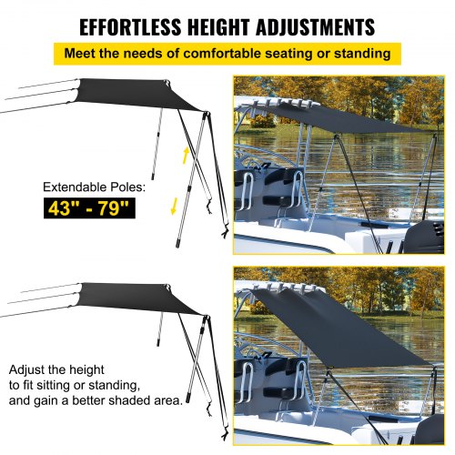 VEVOR Cubierta Superior para Barco 4' x 5' Bimini Top Acero Inoxidable 3,7 kg Cobertor para Barco Bimini Top Lona 1,22 x 1,52 m Cubierta de Bota con Marco Tela Oxford 600D Parasol para Barco