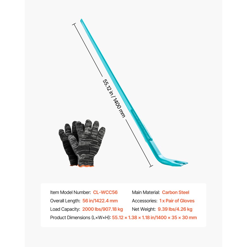 VEVOR Barra de Palanca de Acero al Carbono, Extractor de Palés de 140 cm, Capacidad de Carga de 900 kg, Herramienta de Desmontaje de Madera con Guantes para Desmontar Tablas de Extracción