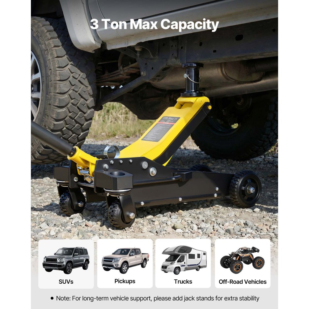 VEVOR Gato de Perfil Bajo Capacidad de 3 t, Gato Hidráulico con Bomba de Elevación Rápida de Pistón Doble y Poste de Extensión, Rango de Elevación 150 a 590 mm, para SUV, Automóviles, Vehículos
