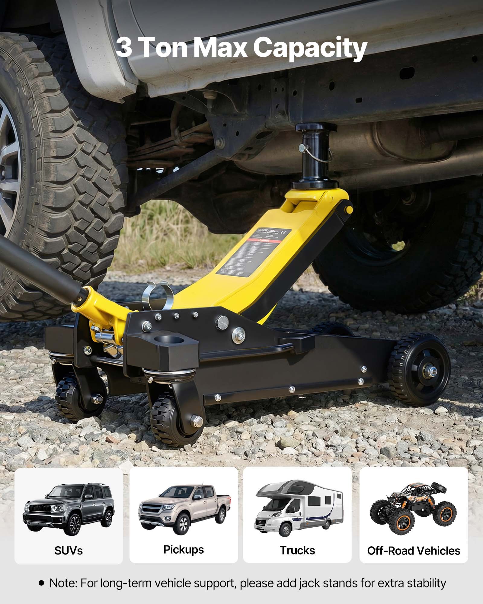 VEVOR Gato de Perfil Bajo Capacidad de 3 t, Gato Hidráulico con Bomba de Elevación Rápida de Pistón Doble y Poste de Extensión, Rango de Elevación 150 a 590 mm, para SUV, Automóviles, Vehículos