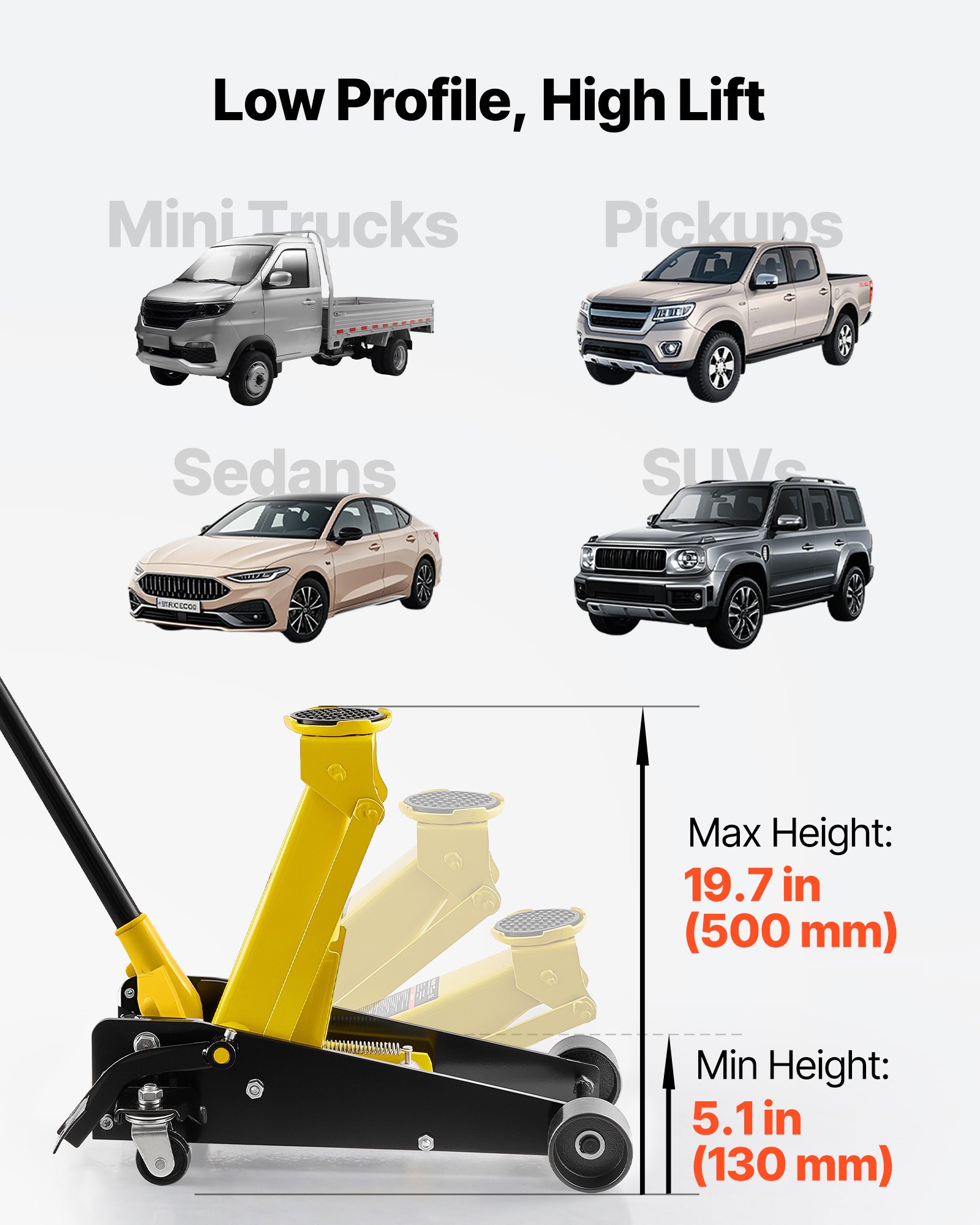 VEVOR Gato de Perfil Bajo Capacidad de 3 t, Gato Hidráulico de Acero con Bomba de Elevación Rápida de Un Solo Pistón, Rango de Elevación 130-500 mm, para Vehículos, SUV, Camionetas, Automóviles
