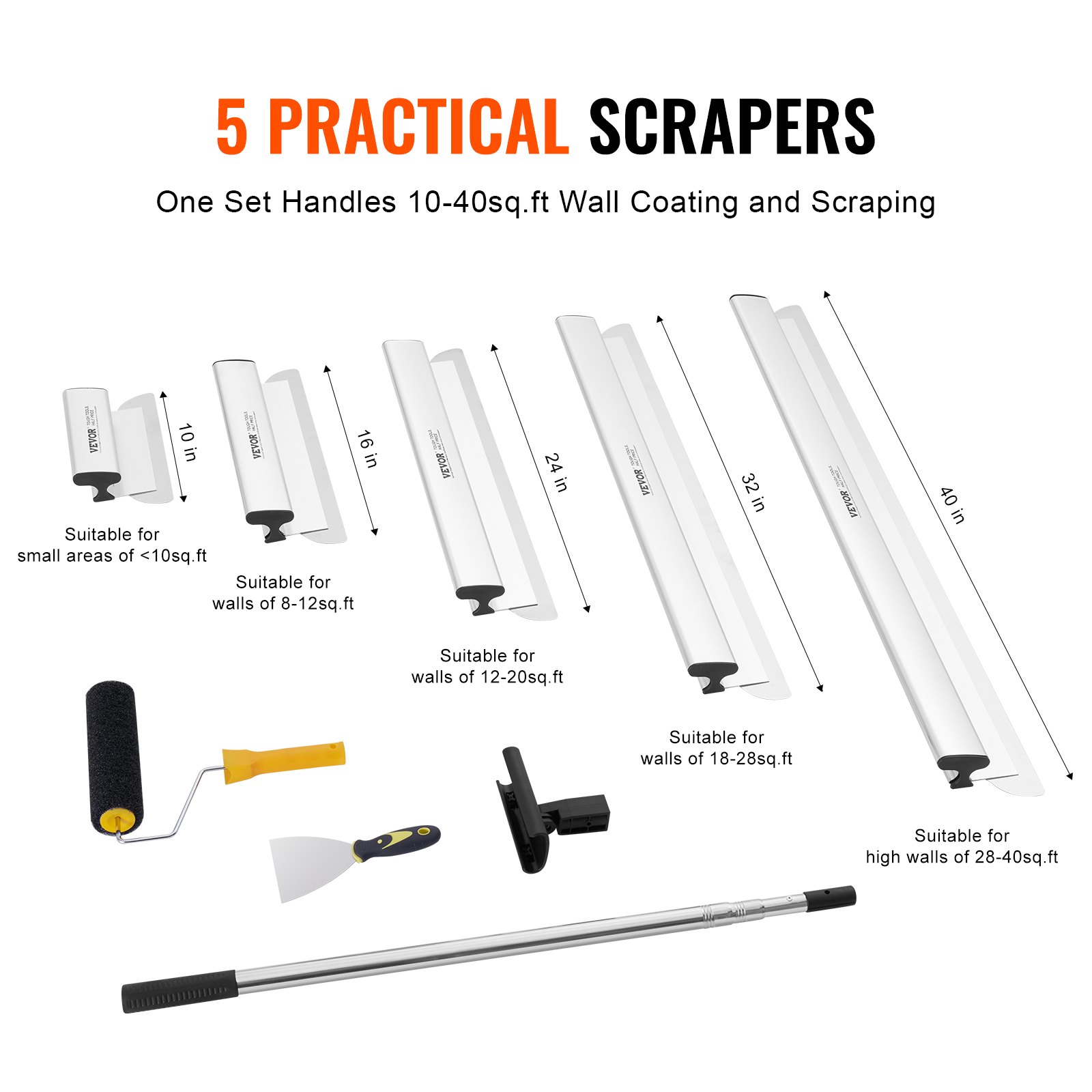 VEVOR Drywall Scraper Blade Set, 254/406/610/813/1016 mm Scraper Blades + 862-2072 mm Extension Handle, Stainless Steel Blades, Scraper Tools, for Plasterboard/Wall Panels/Gypsum Boards