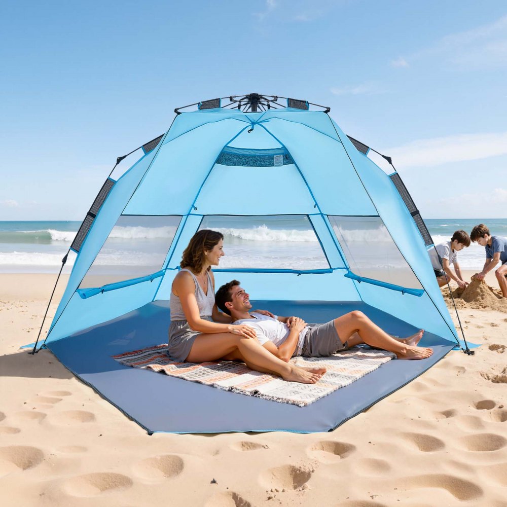 VEVOR Tienda de Playa para 4 Personas 250 x 130 x 145 cm, Carpa de Refugio de Sol Protección UPF 50+, Carpa Portátil de Playa con Bolsa de Transporte y Bolsillos para Arena, para Picnics, Azul