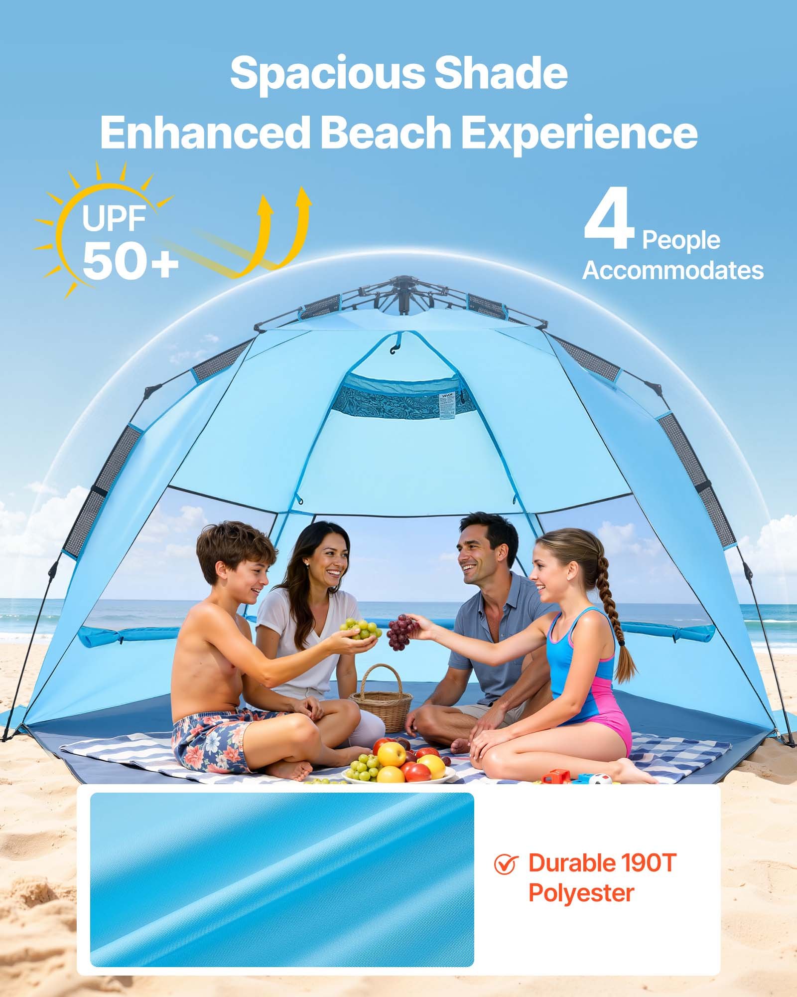 VEVOR Tienda de Playa para 4 Personas 250 x 130 x 145 cm, Carpa de Refugio de Sol Protección UPF 50+, Carpa Portátil de Playa con Bolsa de Transporte y Bolsillos para Arena, para Picnics, Azul