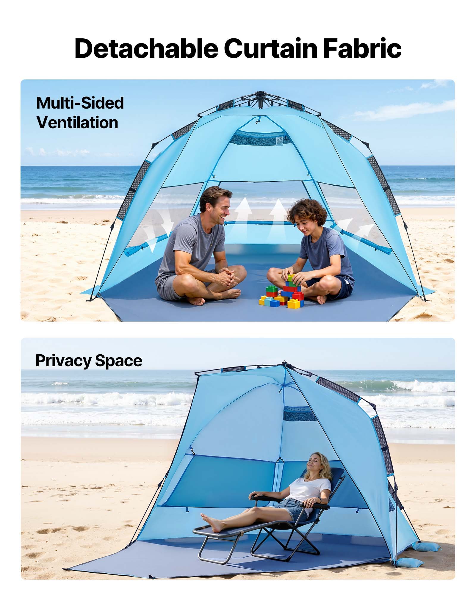 VEVOR Tienda de Playa para 4 Personas 250 x 130 x 145 cm, Carpa de Refugio de Sol Protección UPF 50+, Carpa Portátil de Playa con Bolsa de Transporte y Bolsillos para Arena, para Picnics, Azul
