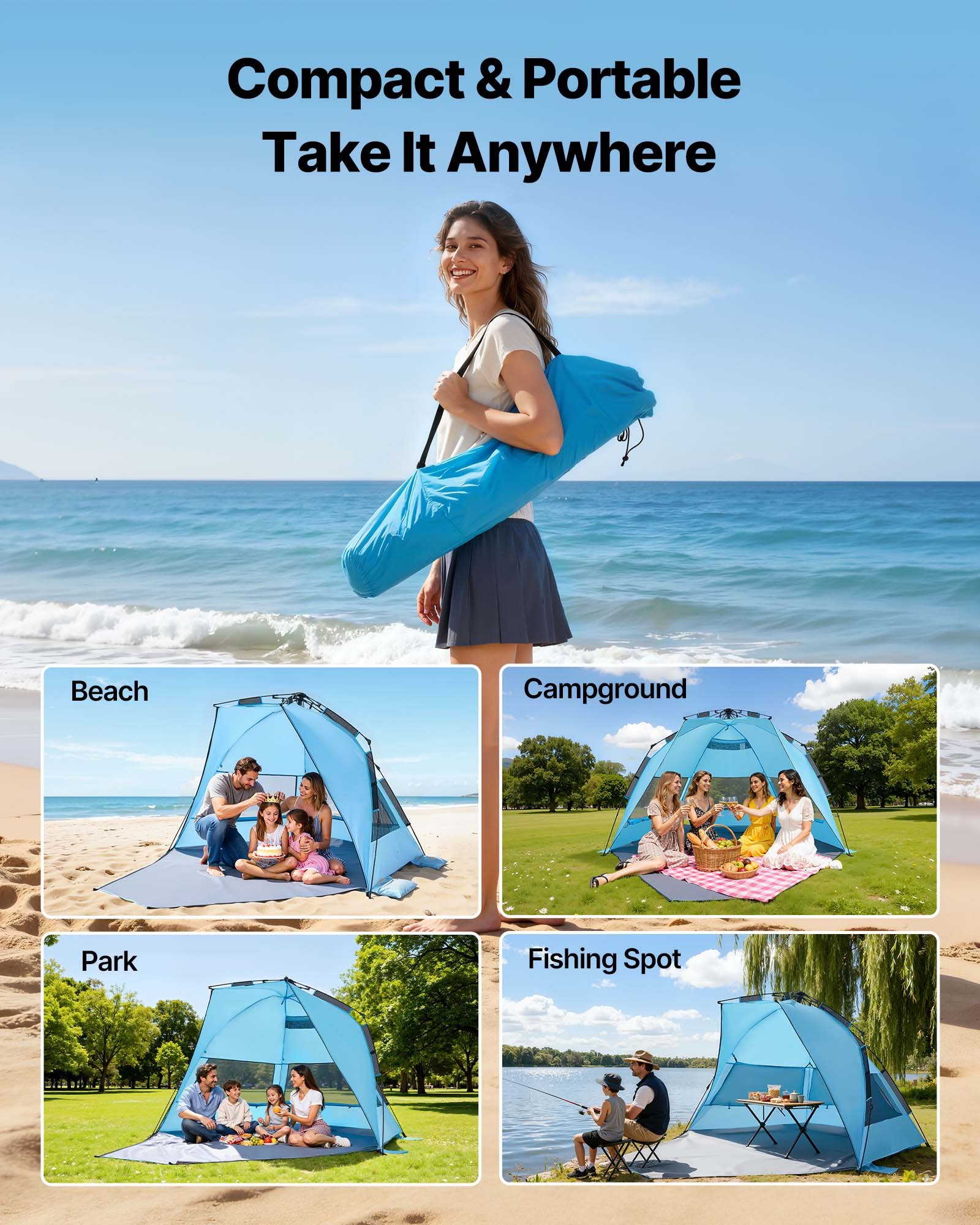 VEVOR Tienda de Playa para 4 Personas 250 x 130 x 145 cm, Carpa de Refugio de Sol Protección UPF 50+, Carpa Portátil de Playa con Bolsa de Transporte y Bolsillos para Arena, para Picnics, Azul