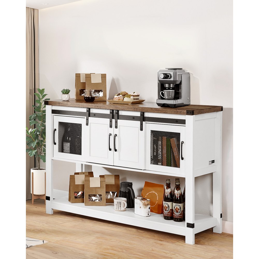 VEVOR Mueble Bar de Café Estilo Rústico de 120 x 39,8 x 83 cm con Almacenamiento de 4 Niveles, Mesa de Bar de Café con Puertas de Granero, Aparador Tipo Buffet para Sala de Estar, Marrón y Blanco