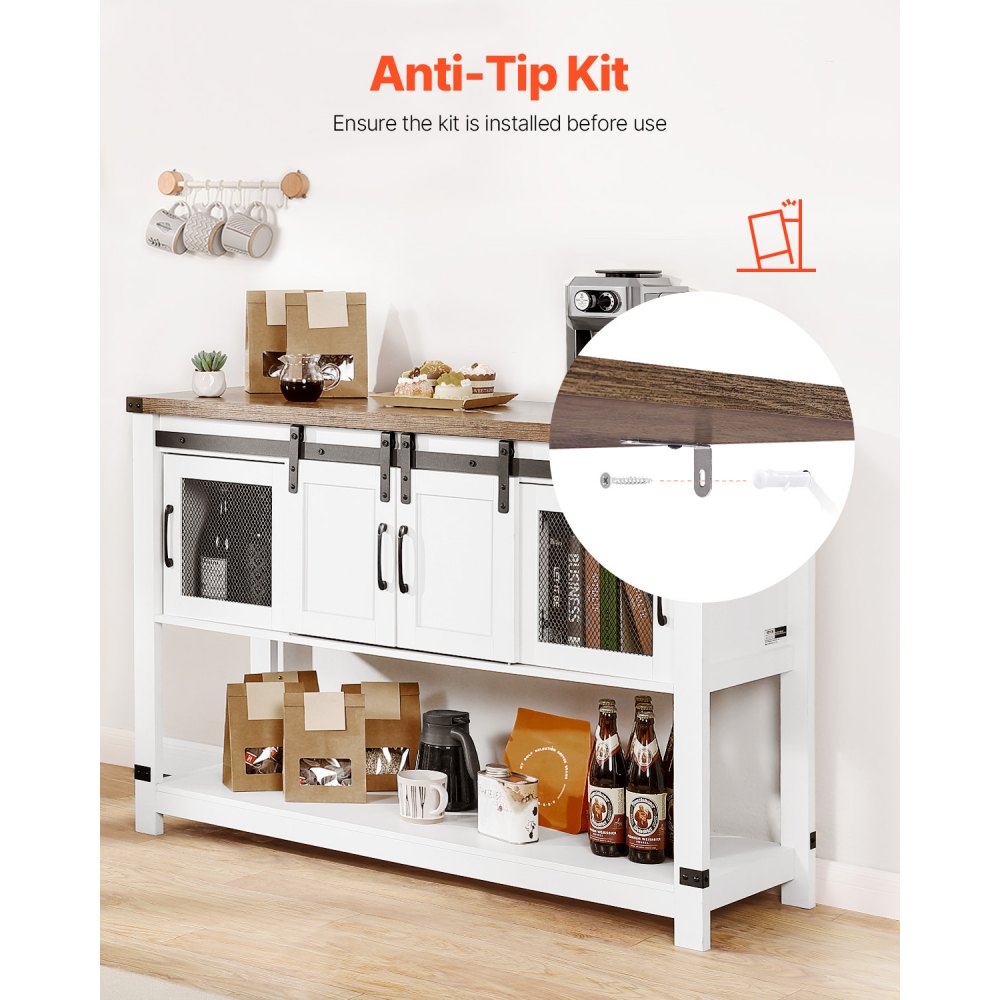 VEVOR Mueble Bar de Café Estilo Rústico de 120 x 39,8 x 83 cm con Almacenamiento de 4 Niveles, Mesa de Bar de Café con Puertas de Granero, Aparador Tipo Buffet para Sala de Estar, Marrón y Blanco