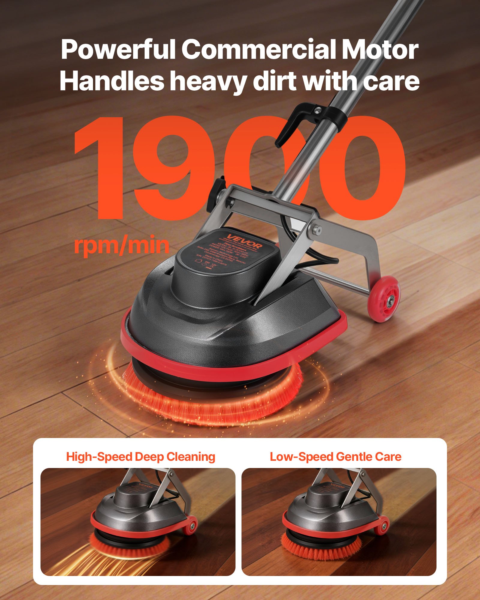 VEVOR Fregadora de Suelos Comercial con 2 Ruedas, Pulidora Eléctrica Profesional para Alfombras Velocidad Variable 1200-1900 RPM Cable de 13 m con Almohadillas y Cepillos, para Todo Tipo de Suelos