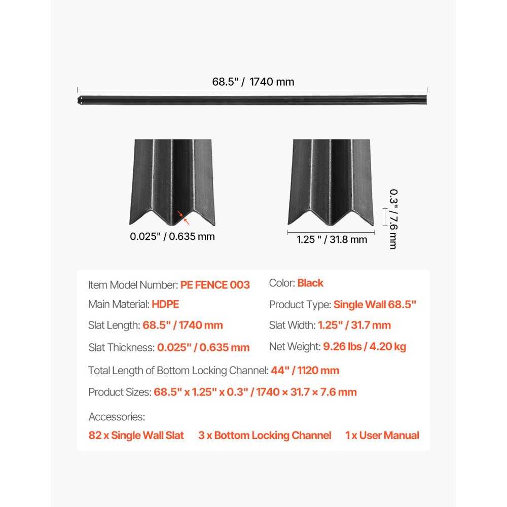 VEVOR Láminas de Privacidad con Bloqueo Inferior 1740 x 31,7 x 7,6 mm, Láminas Verticales de Pared Simple de HDPE con Bloqueo Inferior para Cercas de Alambre de Cadena para Jardines, Granjas, Negro