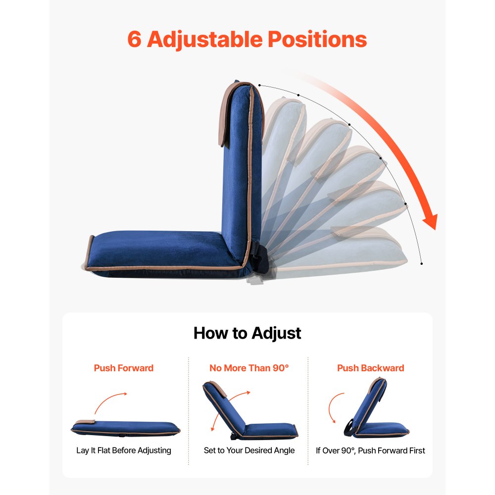 VEVOR Silla de Suelo Plegable, Silla Relax con Respaldo Ajustable en 6 Posiciones, Ligero y Portátil, Acolchado de Espuma Reciclada, Marco Metálico y Tapizado de Gamuza, para Lectura Meditación Yoga