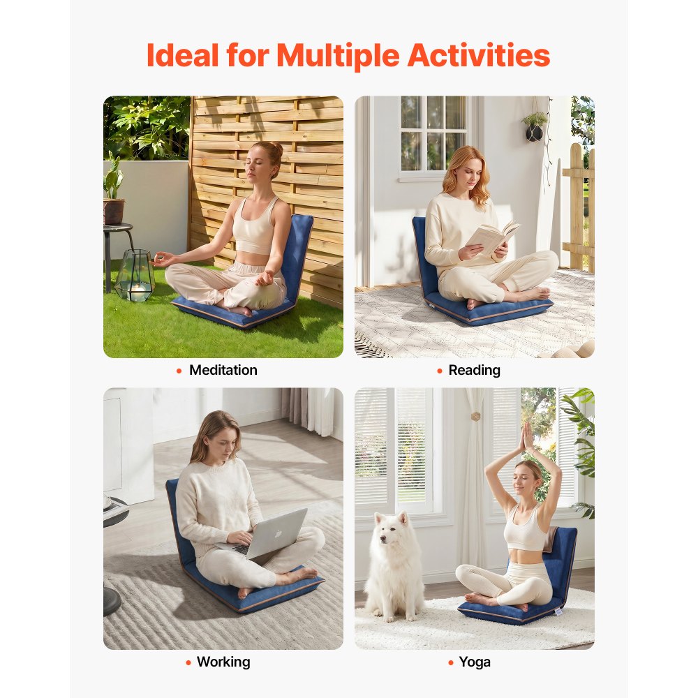 VEVOR Silla de Suelo Plegable, Silla Relax con Respaldo Ajustable en 6 Posiciones, Ligero y Portátil, Acolchado de Espuma Reciclada, Marco Metálico y Tapizado de Gamuza, para Lectura Meditación Yoga