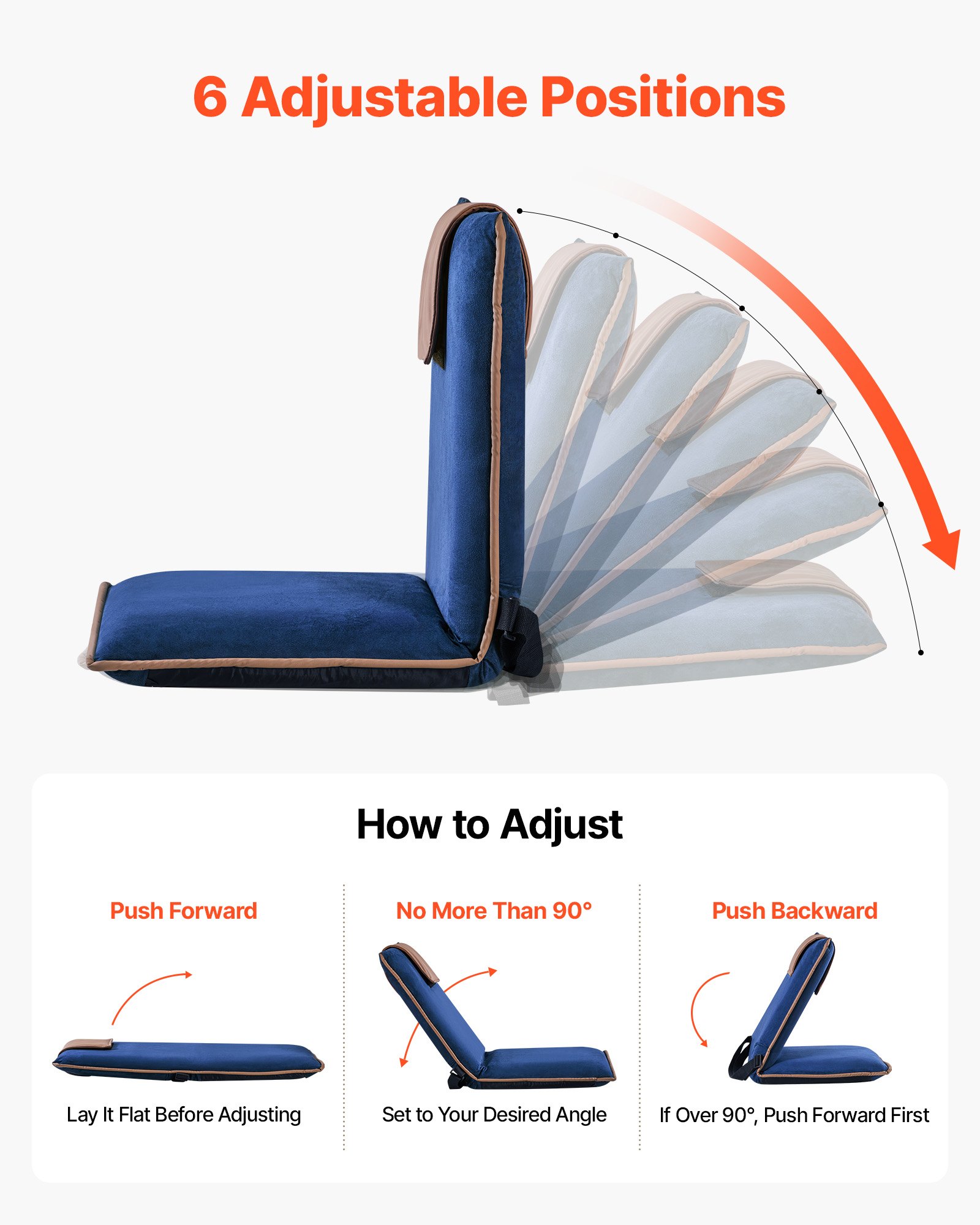 VEVOR Silla de Suelo Plegable, Silla Relax con Respaldo Ajustable en 6 Posiciones, Ligero y Portátil, Acolchado de Espuma Reciclada, Marco Metálico y Tapizado de Gamuza, para Lectura Meditación Yoga