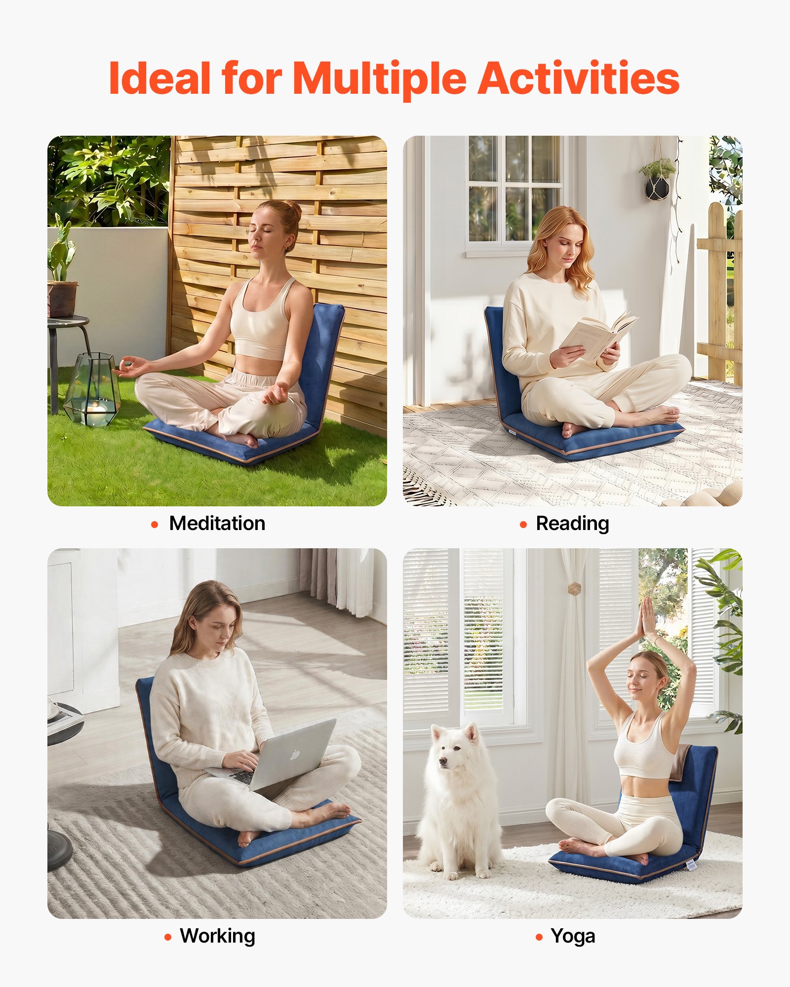 VEVOR Silla de Suelo Plegable, Silla Relax con Respaldo Ajustable en 6 Posiciones, Ligero y Portátil, Acolchado de Espuma Reciclada, Marco Metálico y Tapizado de Gamuza, para Lectura Meditación Yoga
