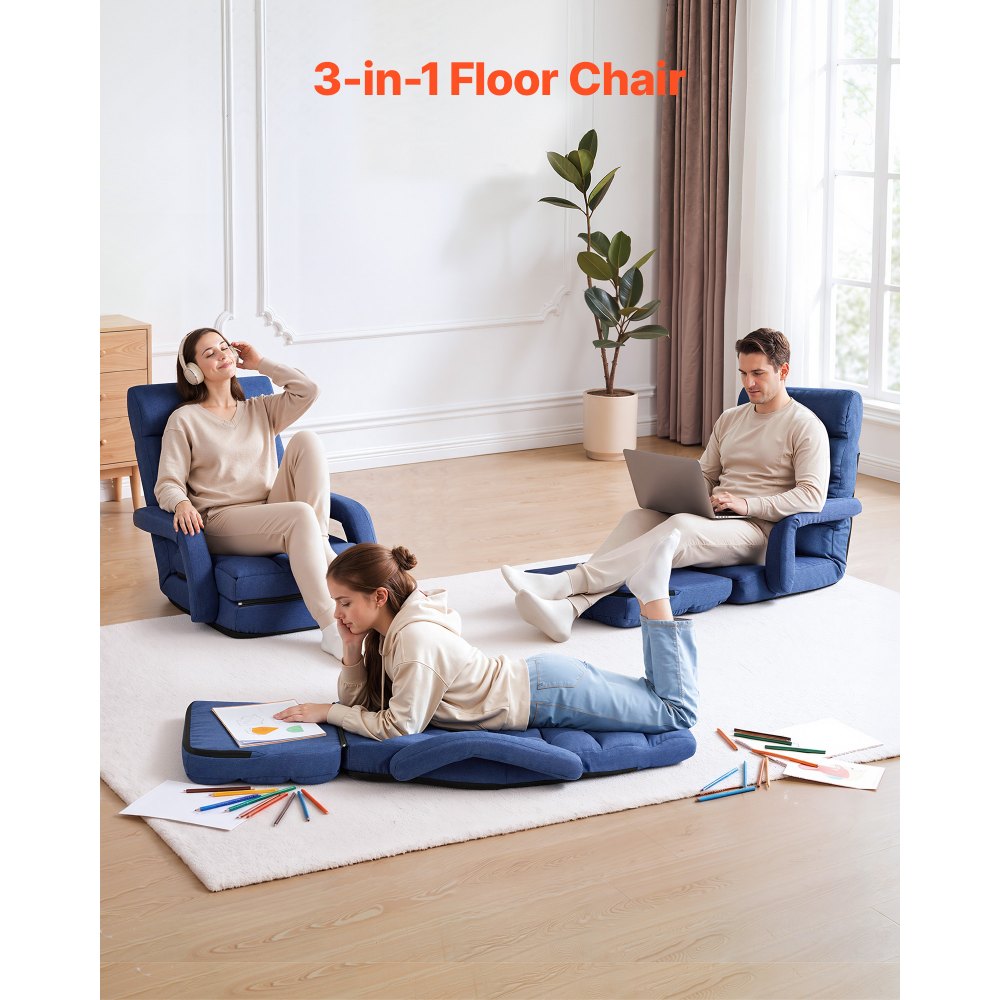 VEVOR Sillón de Suelo Relax, Sillón Reclinable con Respaldo y Reposabrazos, Ajustable en 5 Posiciones, Cojín de Soporte, Marco de Metal Tapizado de Lino, para Descanso Lectura Relajar, Azul Oscuro