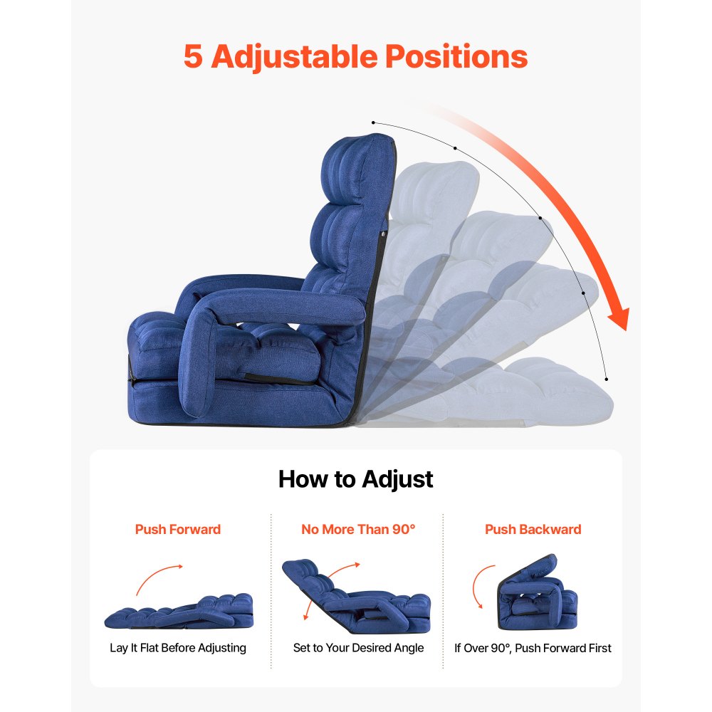VEVOR Sillón de Suelo Relax, Sillón Reclinable con Respaldo y Reposabrazos, Ajustable en 5 Posiciones, Cojín de Soporte, Marco de Metal Tapizado de Lino, para Descanso Lectura Relajar, Azul Oscuro