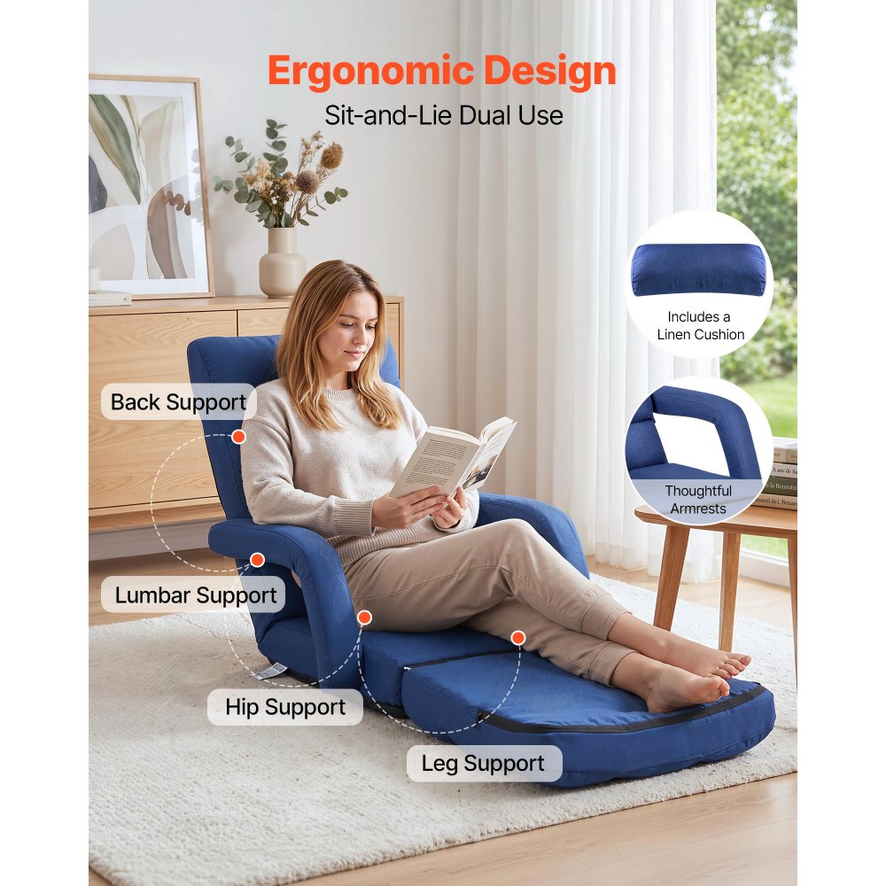 VEVOR Sillón de Suelo Relax, Sillón Reclinable con Respaldo y Reposabrazos, Ajustable en 5 Posiciones, Cojín de Soporte, Marco de Metal Tapizado de Lino, para Descanso Lectura Relajar, Azul Oscuro
