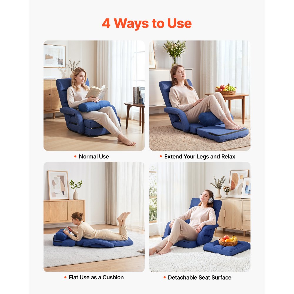VEVOR Sillón de Suelo Relax, Sillón Reclinable con Respaldo y Reposabrazos, Ajustable en 5 Posiciones, Cojín de Soporte, Marco de Metal Tapizado de Lino, para Descanso Lectura Relajar, Azul Oscuro