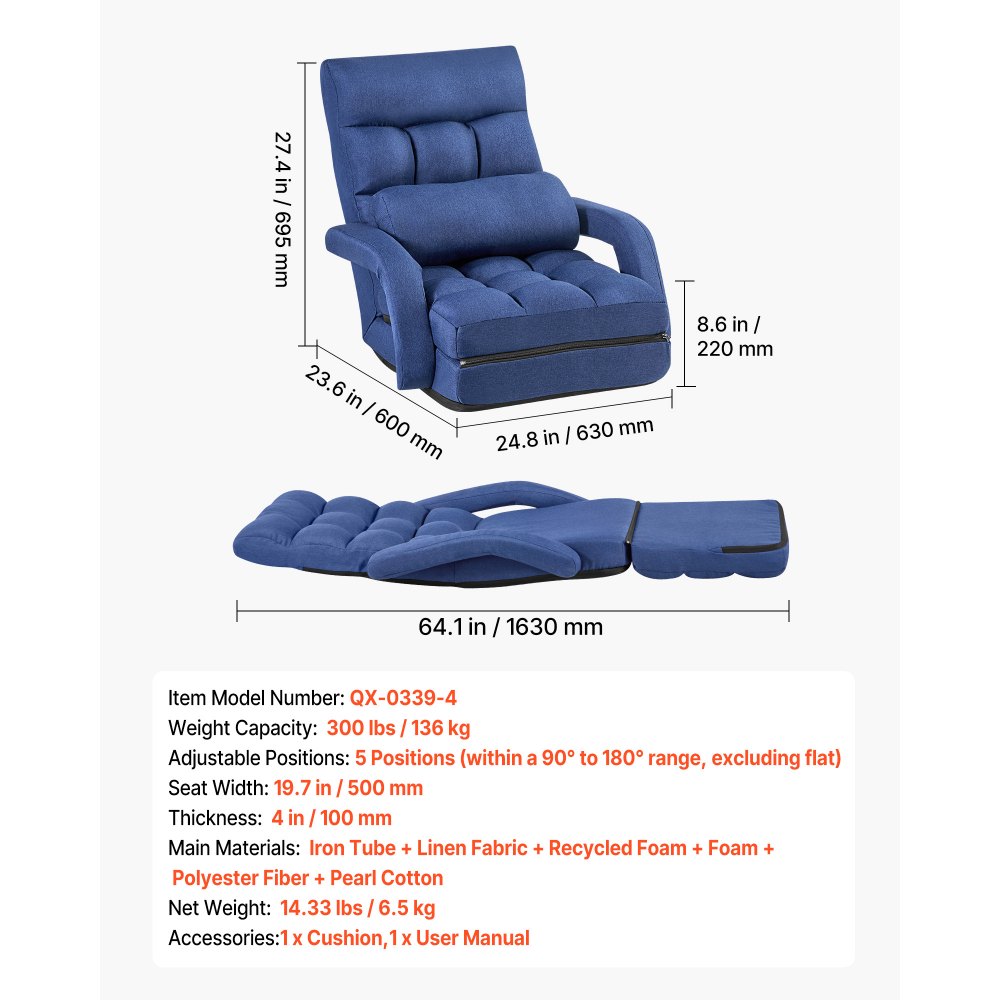 VEVOR Sillón de Suelo Relax, Sillón Reclinable con Respaldo y Reposabrazos, Ajustable en 5 Posiciones, Cojín de Soporte, Marco de Metal Tapizado de Lino, para Descanso Lectura Relajar, Azul Oscuro