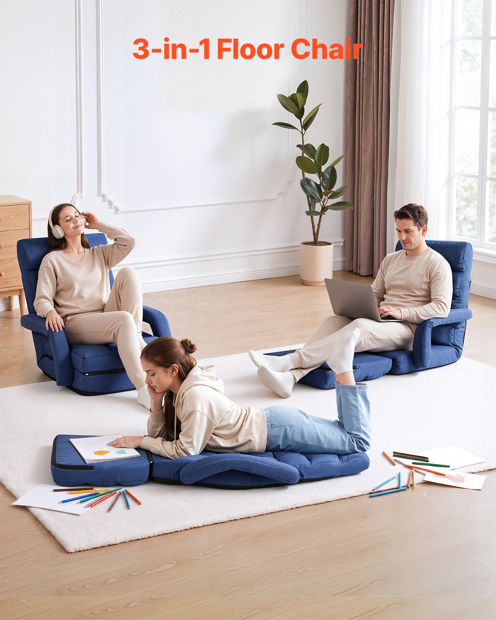 VEVOR Sillón de Suelo Relax, Sillón Reclinable con Respaldo y Reposabrazos, Ajustable en 5 Posiciones, Cojín de Soporte, Marco de Metal Tapizado de Lino, para Descanso Lectura Relajar, Azul Oscuro