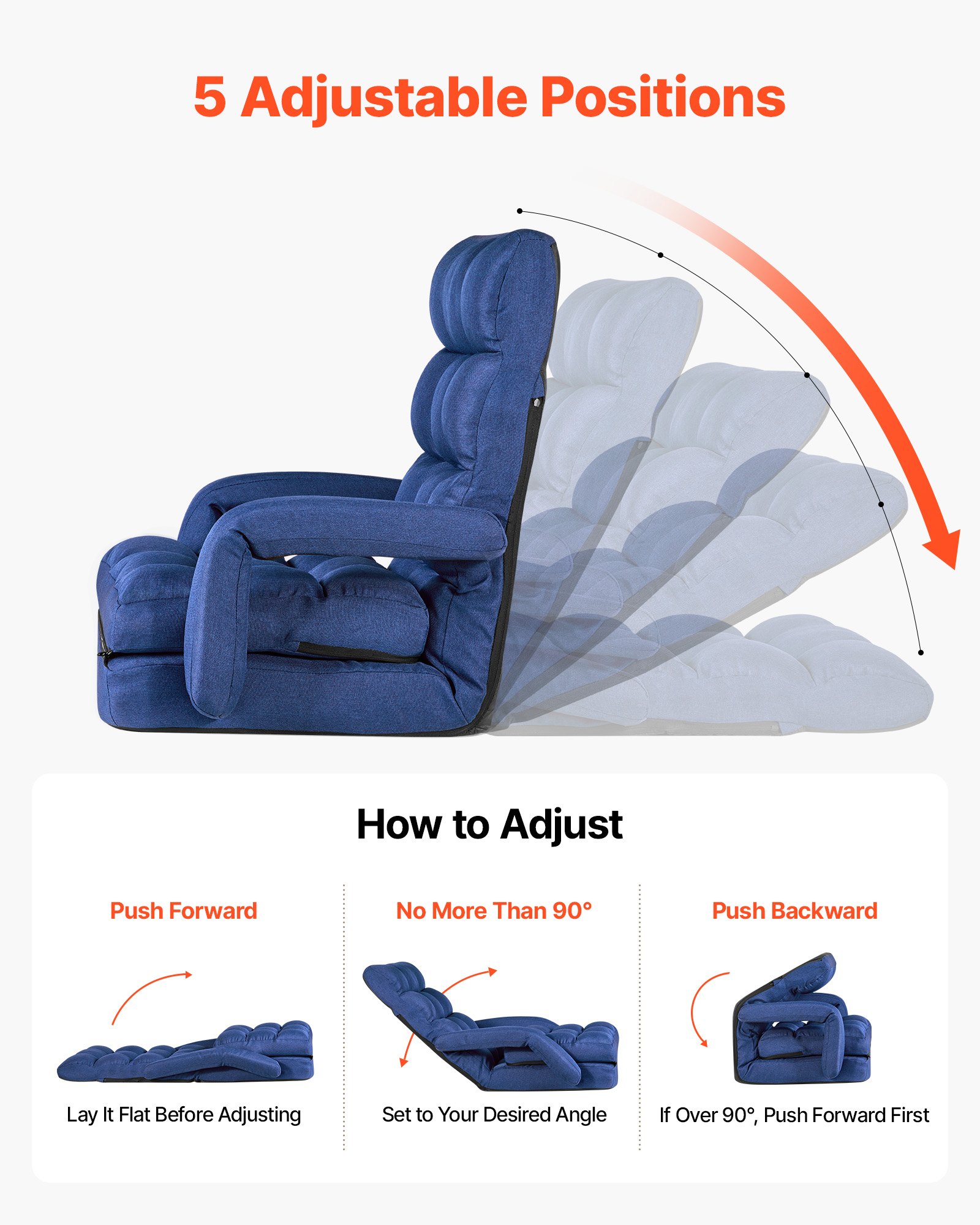 VEVOR Sillón de Suelo Relax, Sillón Reclinable con Respaldo y Reposabrazos, Ajustable en 5 Posiciones, Cojín de Soporte, Marco de Metal Tapizado de Lino, para Descanso Lectura Relajar, Azul Oscuro