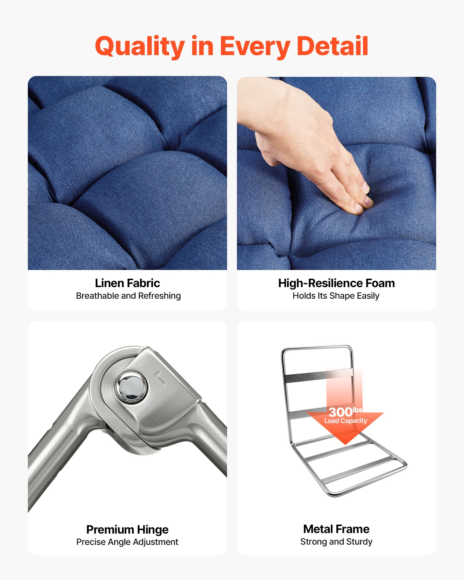 VEVOR Sillón de Suelo Relax, Sillón Reclinable con Respaldo y Reposabrazos, Ajustable en 5 Posiciones, Cojín de Soporte, Marco de Metal Tapizado de Lino, para Descanso Lectura Relajar, Azul Oscuro