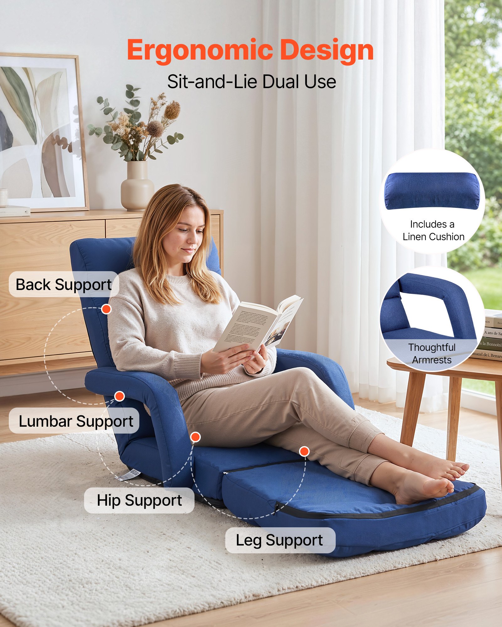 VEVOR Sillón de Suelo Relax, Sillón Reclinable con Respaldo y Reposabrazos, Ajustable en 5 Posiciones, Cojín de Soporte, Marco de Metal Tapizado de Lino, para Descanso Lectura Relajar, Azul Oscuro