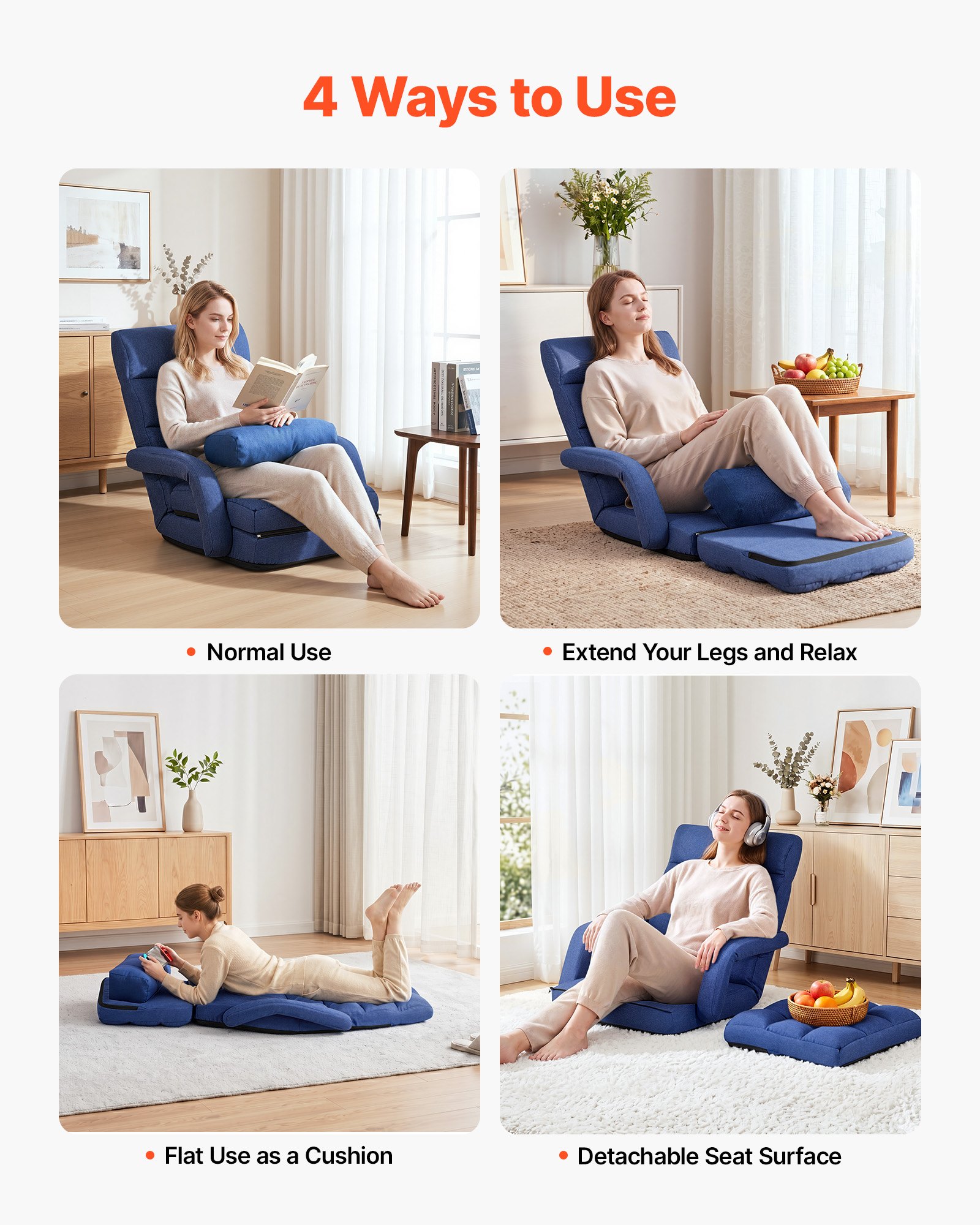VEVOR Sillón de Suelo Relax, Sillón Reclinable con Respaldo y Reposabrazos, Ajustable en 5 Posiciones, Cojín de Soporte, Marco de Metal Tapizado de Lino, para Descanso Lectura Relajar, Azul Oscuro