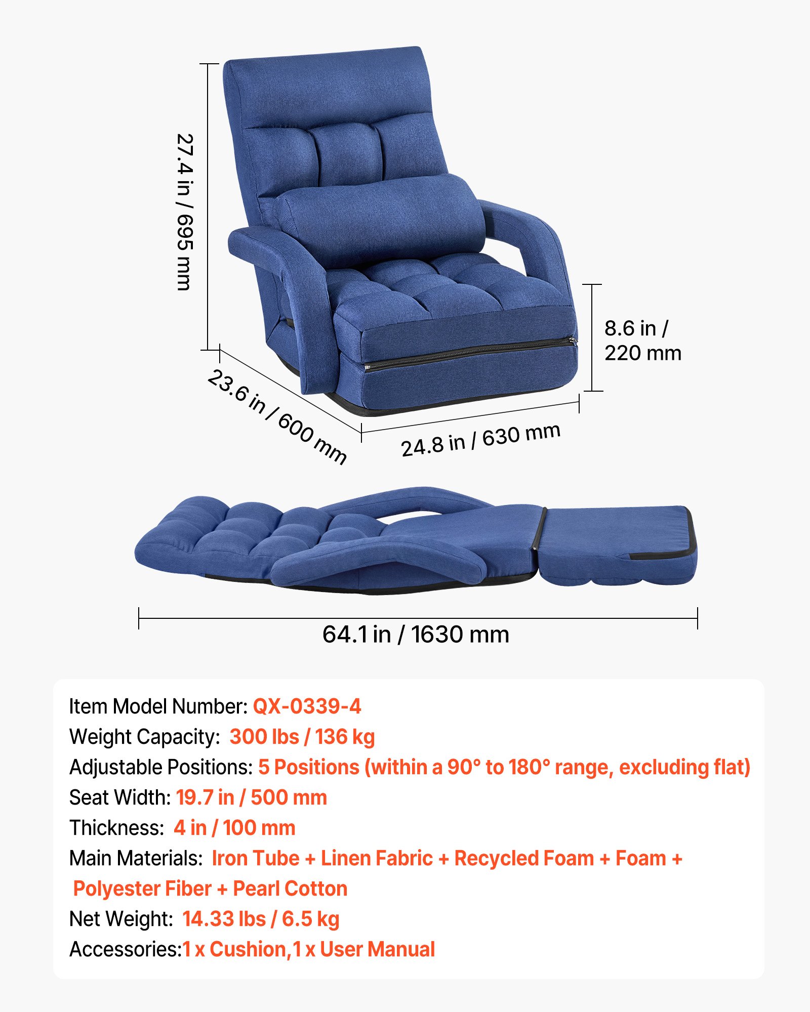 VEVOR Sillón de Suelo Relax, Sillón Reclinable con Respaldo y Reposabrazos, Ajustable en 5 Posiciones, Cojín de Soporte, Marco de Metal Tapizado de Lino, para Descanso Lectura Relajar, Azul Oscuro