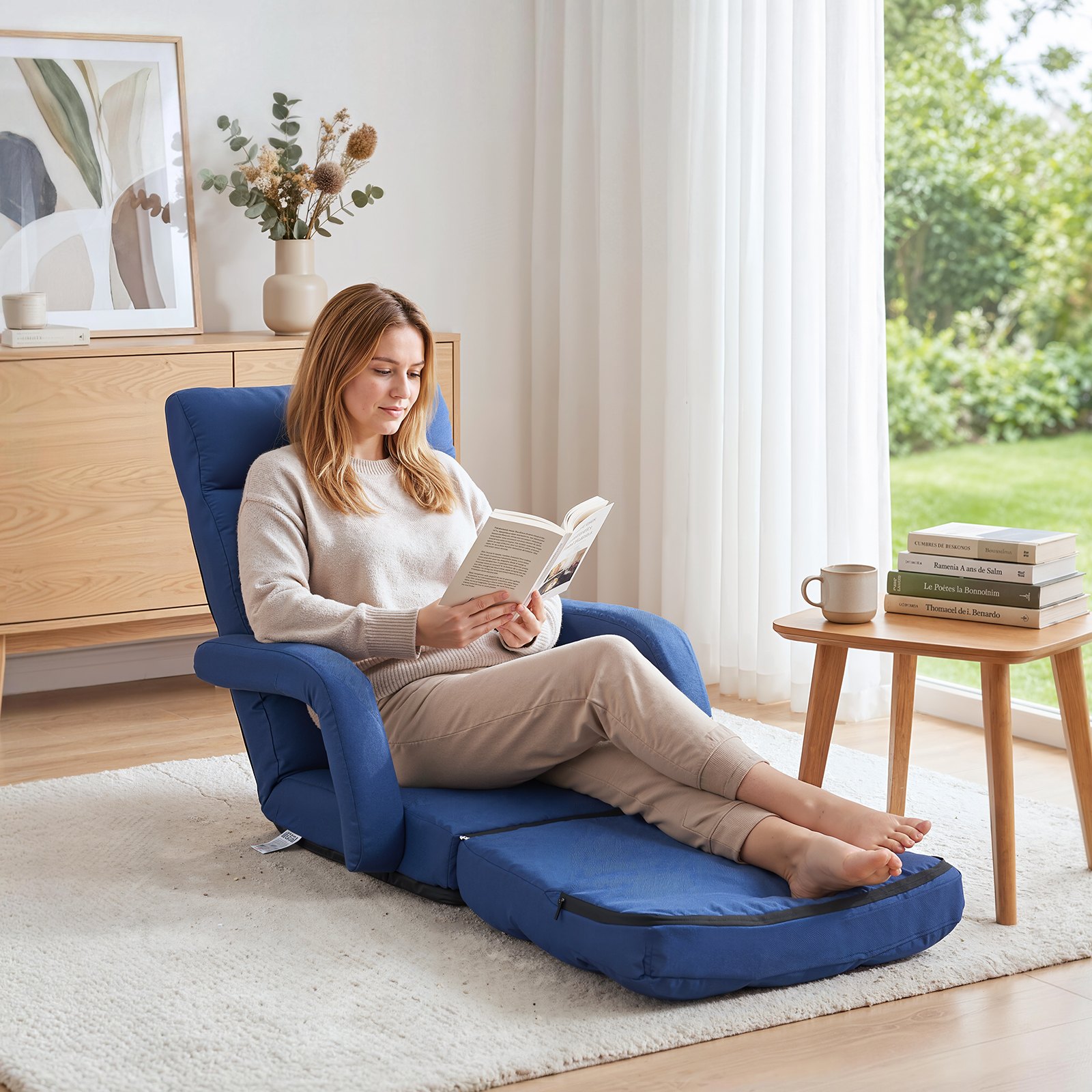 VEVOR Sillón de Suelo Relax, Sillón Reclinable con Respaldo y Reposabrazos, Ajustable en 5 Posiciones, Cojín de Soporte, Marco de Metal Tapizado de Lino, para Descanso Lectura Relajar, Azul Oscuro