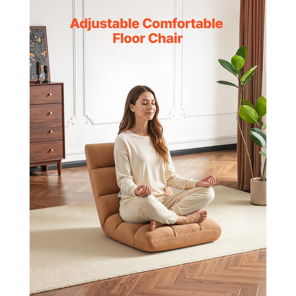 VEVOR Sillón de Suelo Relax, Sillón Reclinable con Respaldo Ajustable en 14 Posiciones, Acolchado de Espuma y Tapizado de Forro Polar Coral, para Lectura Descanso Sala de Estar Dormitorio, Marrón