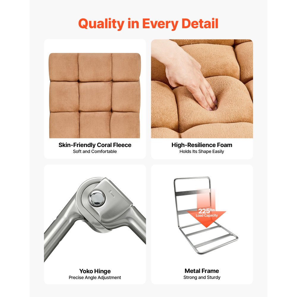 VEVOR Sillón de Suelo Relax, Sillón Reclinable con Respaldo Ajustable en 14 Posiciones, Acolchado de Espuma y Tapizado de Forro Polar Coral, para Lectura Descanso Sala de Estar Dormitorio, Marrón