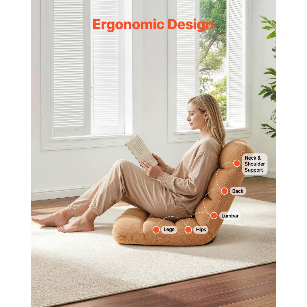 VEVOR Sillón de Suelo Relax, Sillón Reclinable con Respaldo Ajustable en 14 Posiciones, Acolchado de Espuma y Tapizado de Forro Polar Coral, para Lectura Descanso Sala de Estar Dormitorio, Marrón