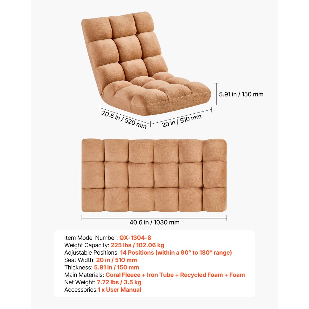 VEVOR Sillón de Suelo Relax, Sillón Reclinable con Respaldo Ajustable en 14 Posiciones, Acolchado de Espuma y Tapizado de Forro Polar Coral, para Lectura Descanso Sala de Estar Dormitorio, Marrón