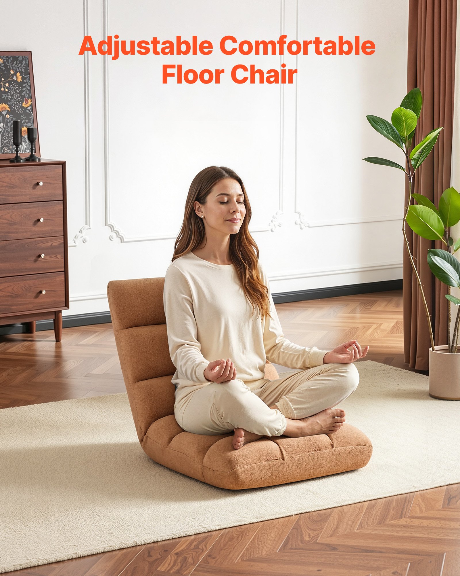 VEVOR Sillón de Suelo Relax, Sillón Reclinable con Respaldo Ajustable en 14 Posiciones, Acolchado de Espuma y Tapizado de Forro Polar Coral, para Lectura Descanso Sala de Estar Dormitorio, Marrón