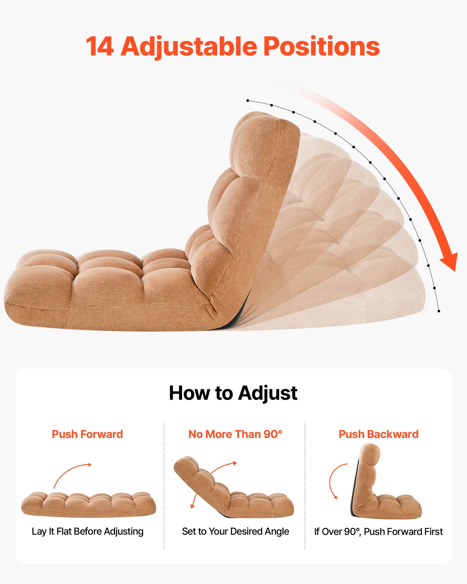 VEVOR Sillón de Suelo Relax, Sillón Reclinable con Respaldo Ajustable en 14 Posiciones, Acolchado de Espuma y Tapizado de Forro Polar Coral, para Lectura Descanso Sala de Estar Dormitorio, Marrón